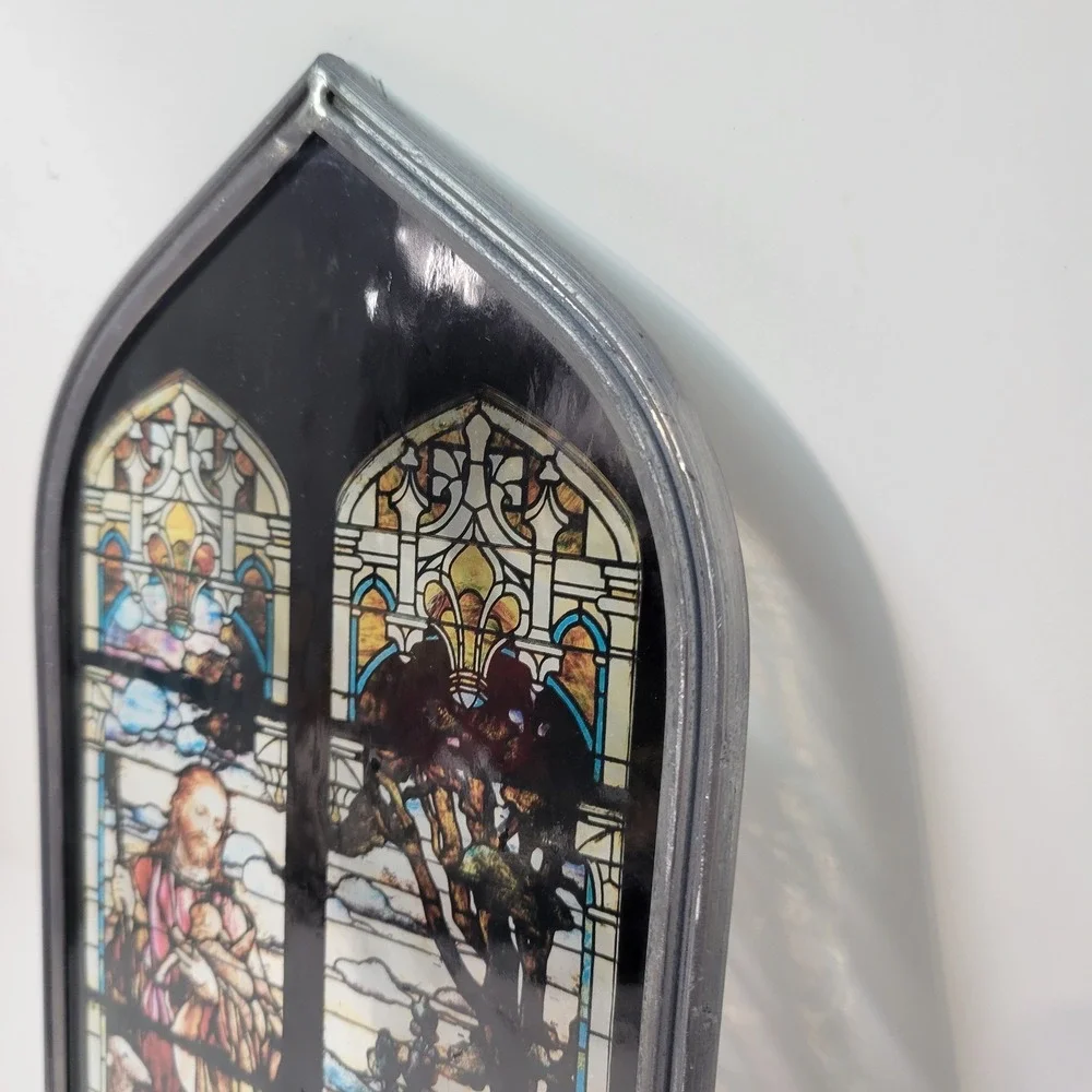 Vintage Jesus The Good Shepherd‎ Faux Stained Glass Framed Wall Art Decor